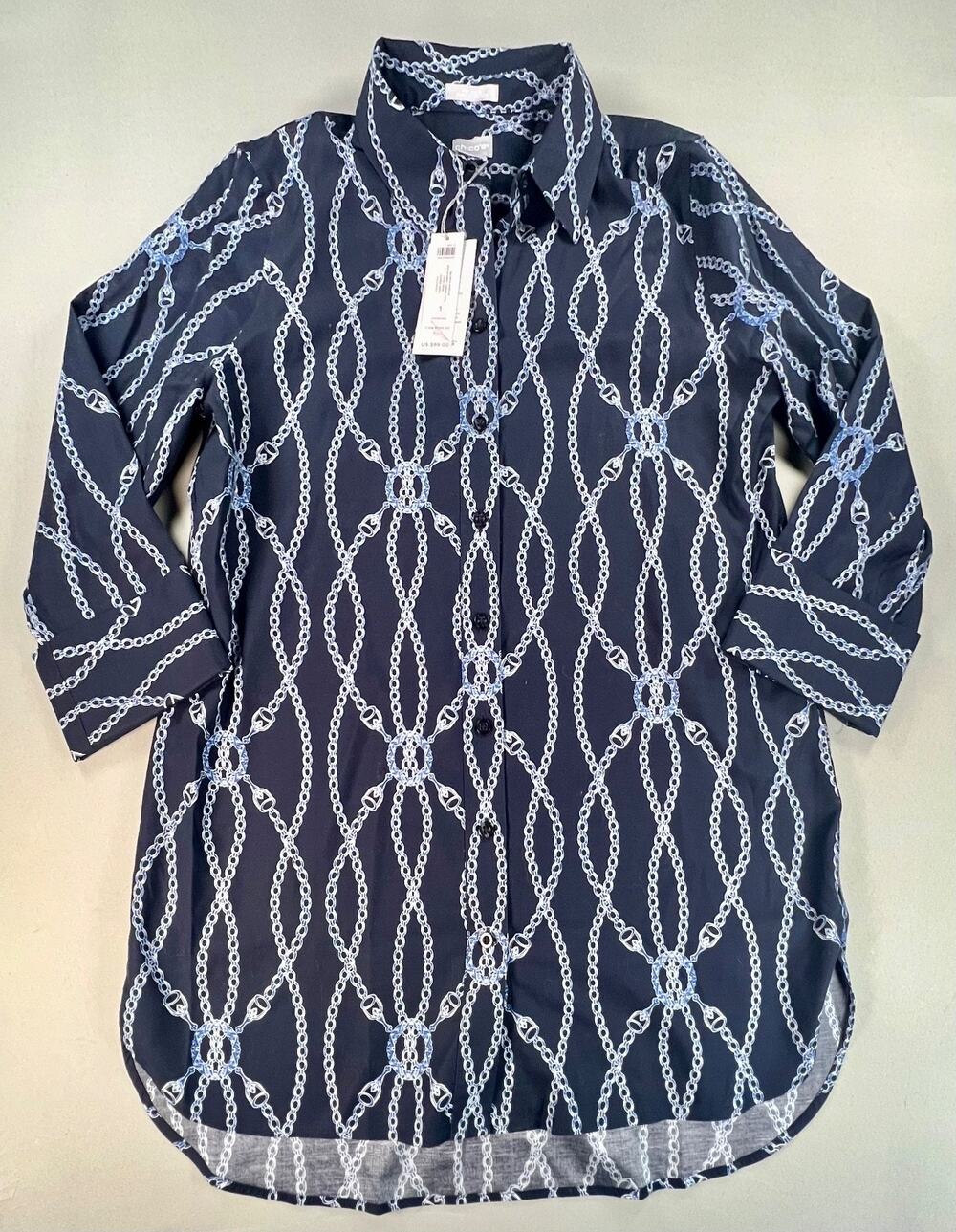 New Chico's Blue Nautical Chain 3/4 Sleeve Button Shirt (Women's 8) - MSRP $99
